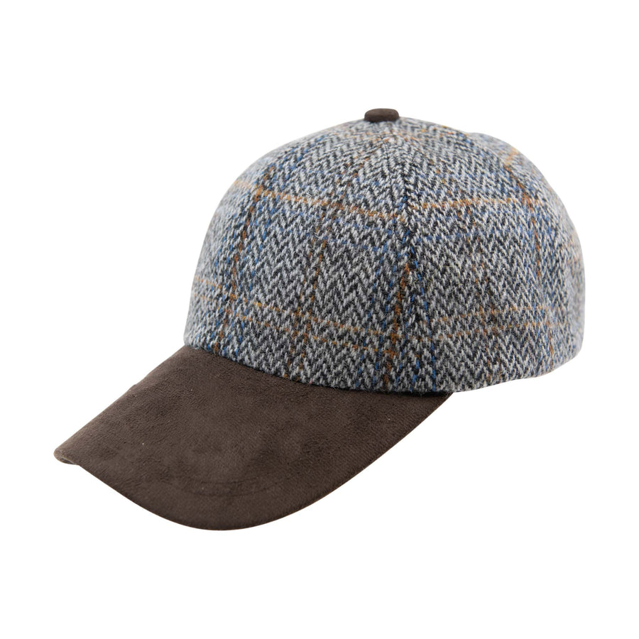 Cap with checkered pattern on top and brown brim on a white background