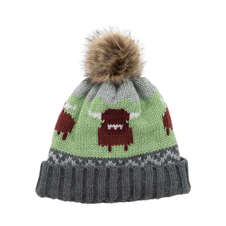 Aran Knitted Pom Pom Cow Beanie