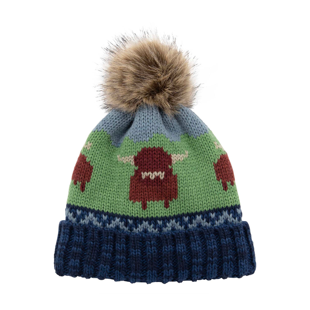 Aran Knitted Pom Pom Cow Beanie