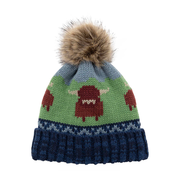 Aran Knitted Pom Pom Cow Beanie