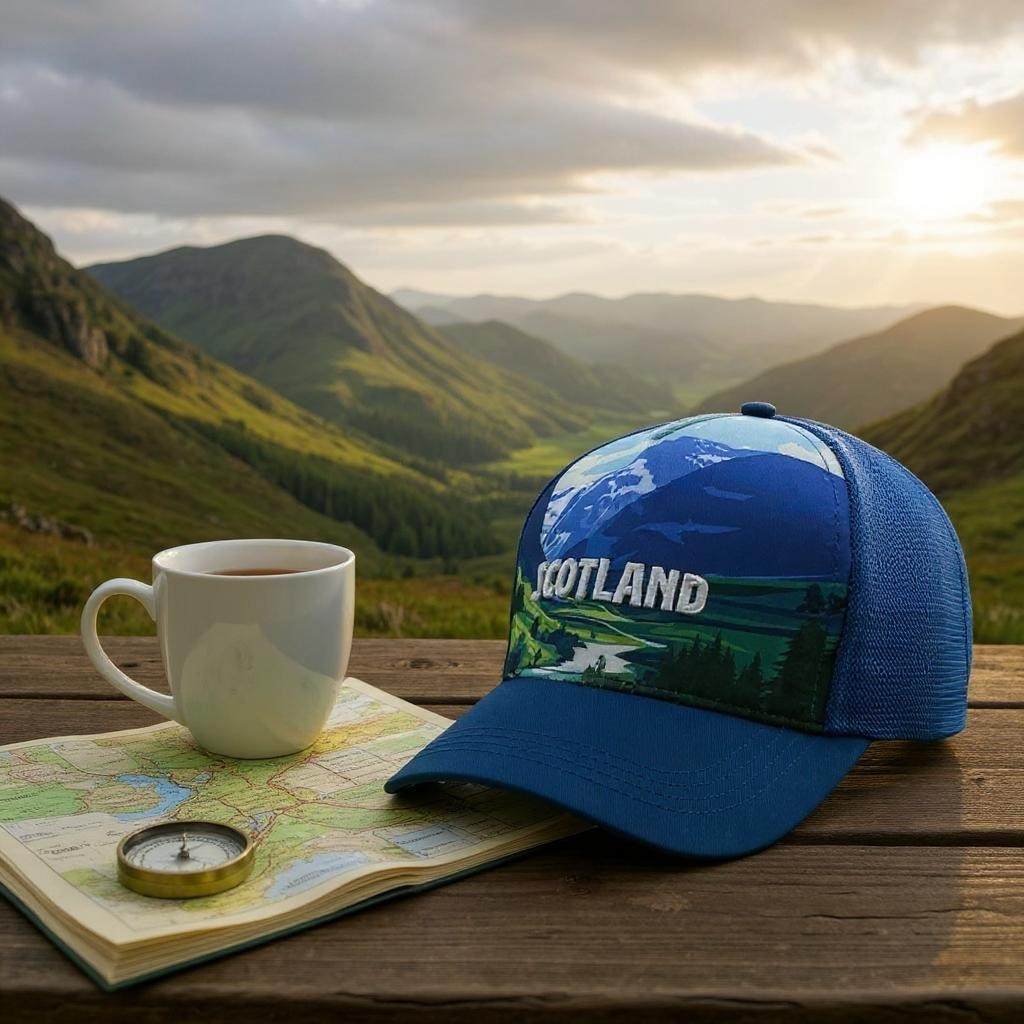 Big Country Scotland Mesh Trucker Cap on wooden bench with scenic background