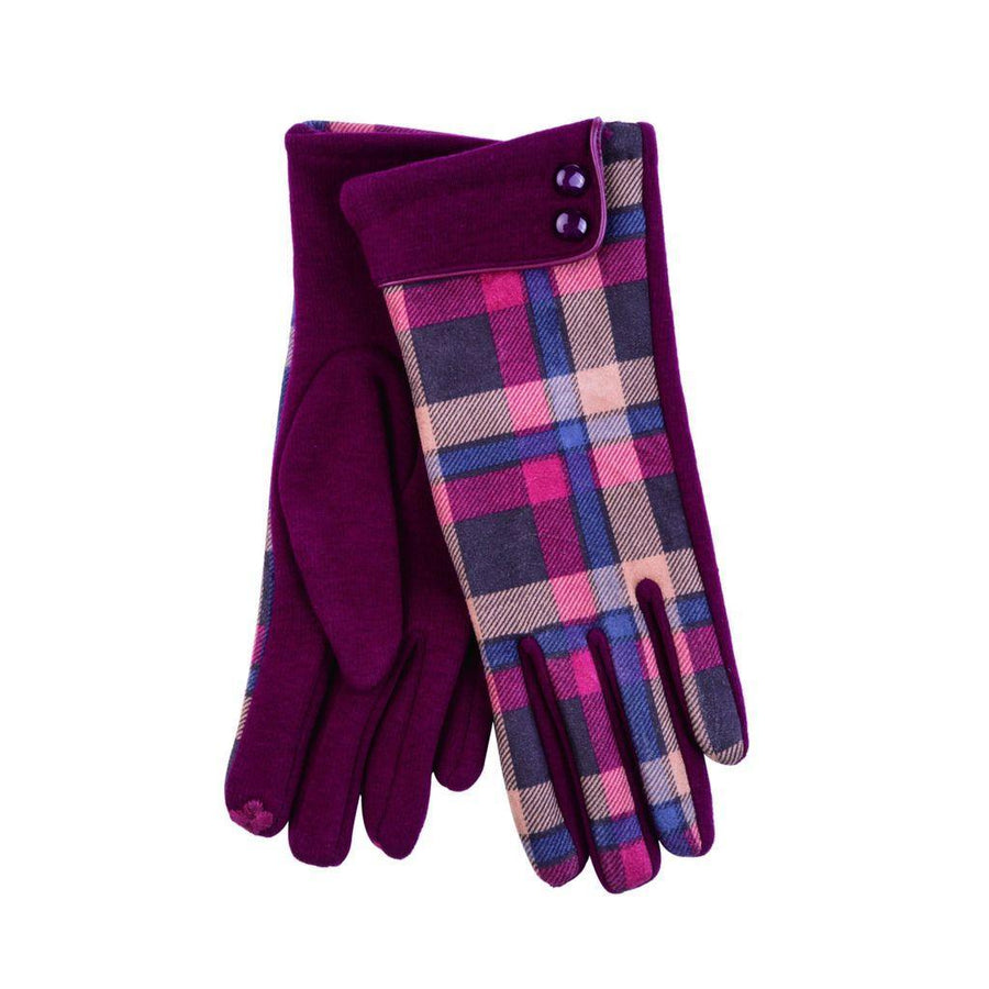 Women's Button Cuff Check Gloves | Soft Moleskin Fabric