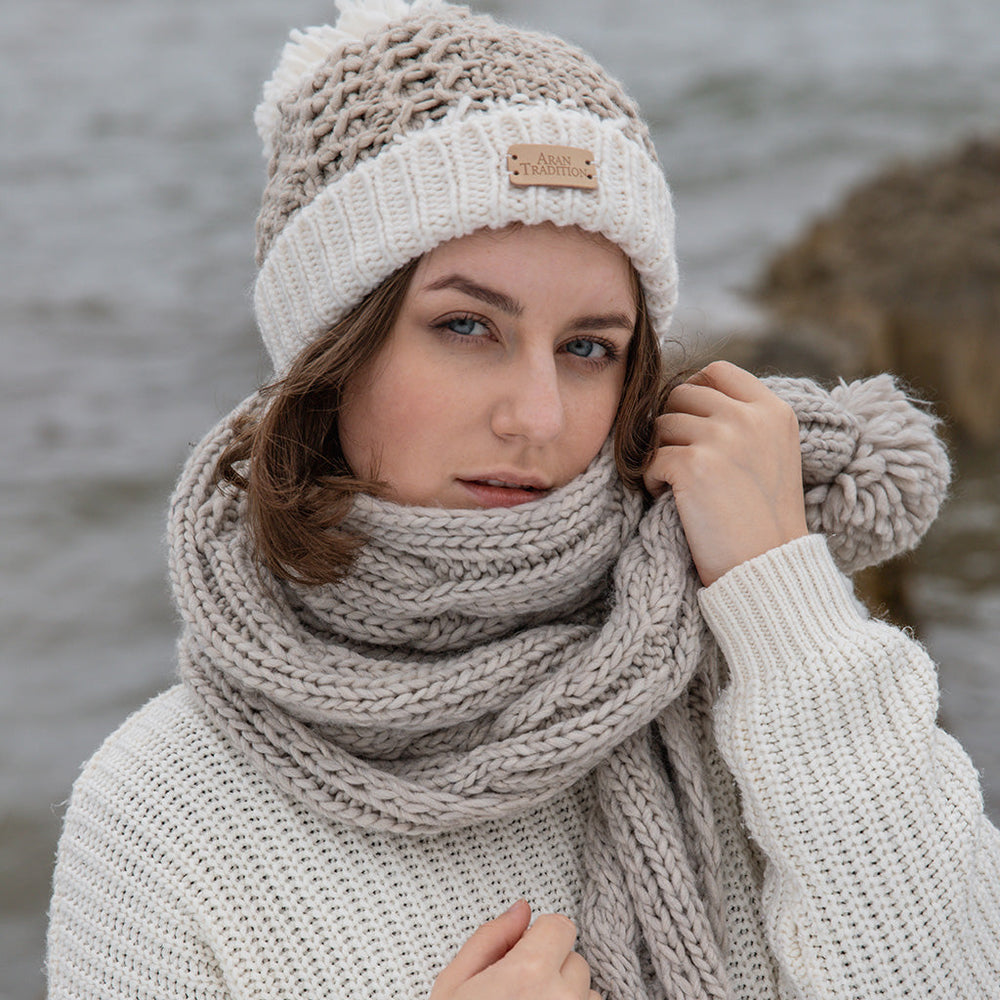 Aran Cable Knit Pom Pom Scarf Elevate Your Winter Style with Aran Cable Knit Pom Pom Scarf