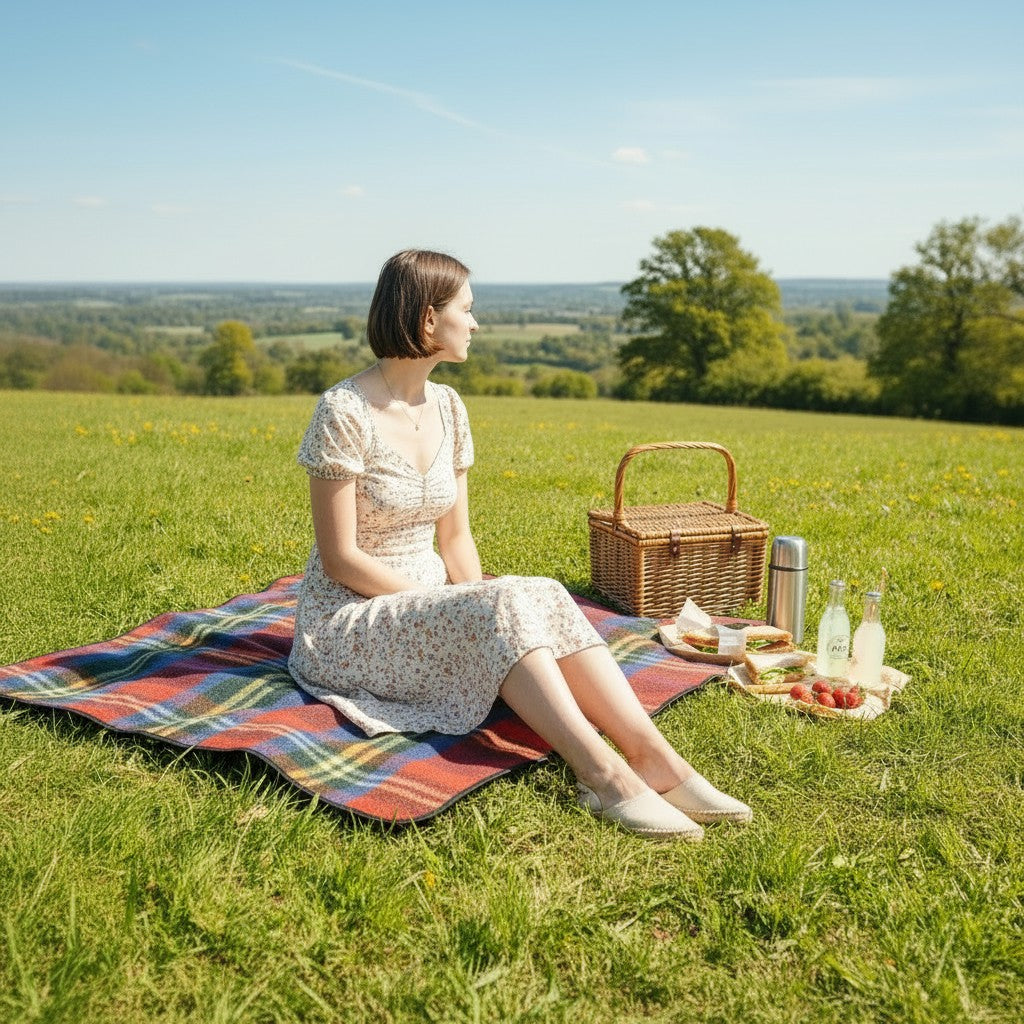 Women enjoying picnic on Royal Stewart tartan blanket