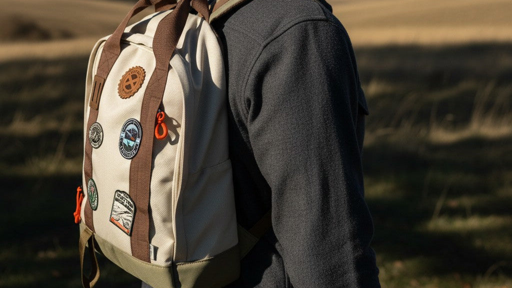 Man with a backpack and cap standing in a scenic outdoor setting