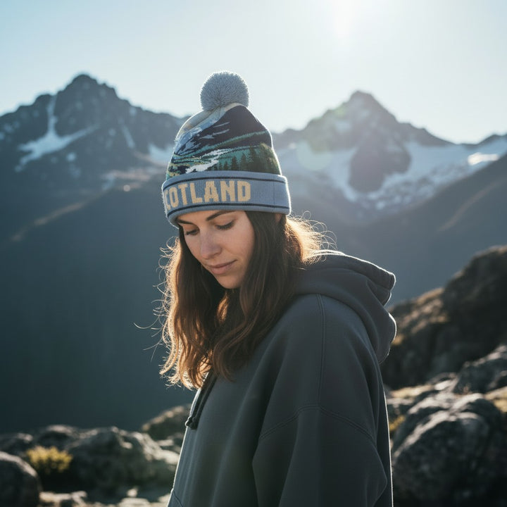 Person wearing a beanie and hoodie with mountains in the background