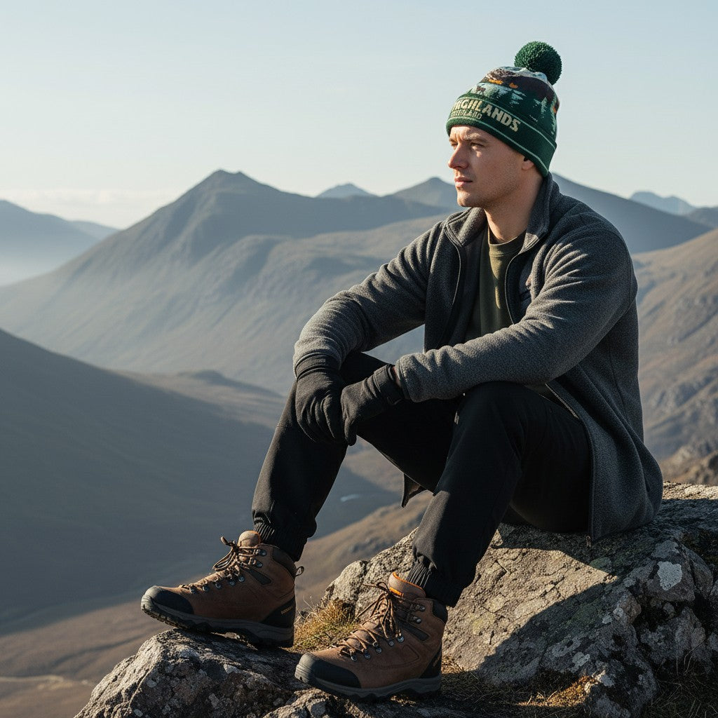 Person sitting on a rock with mountains in the background wearing a Highlands beanie.