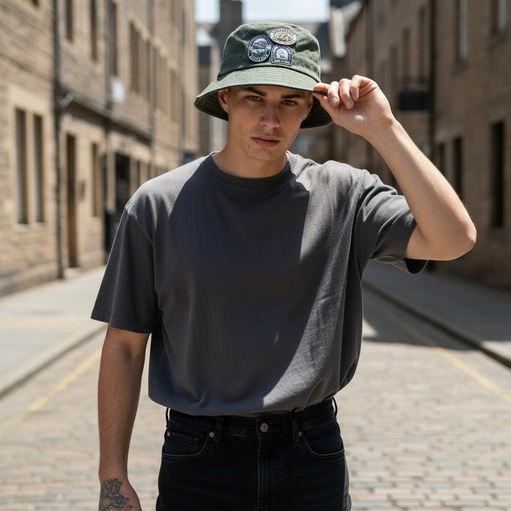 Man wearing a green hat and grey t-shirt on a street.