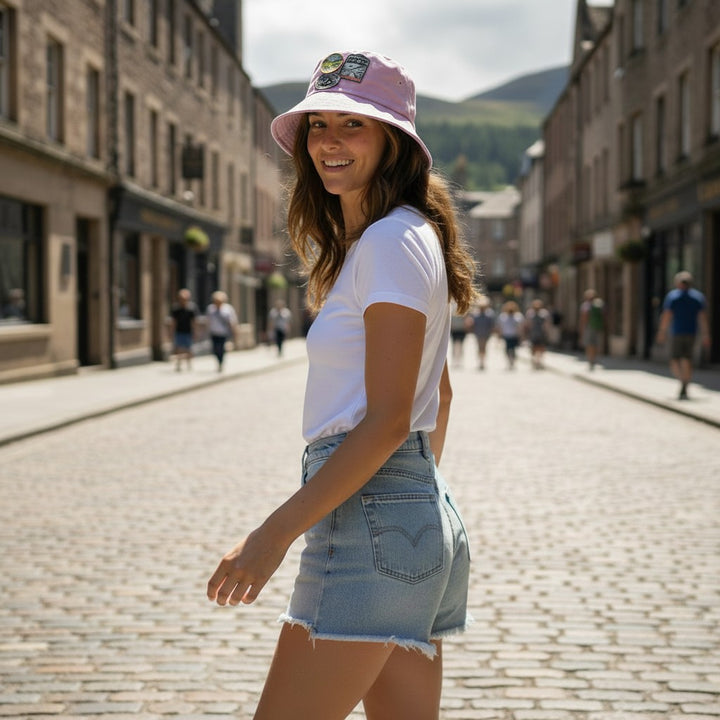 Female model wearing pink Scotland patch bucket hat