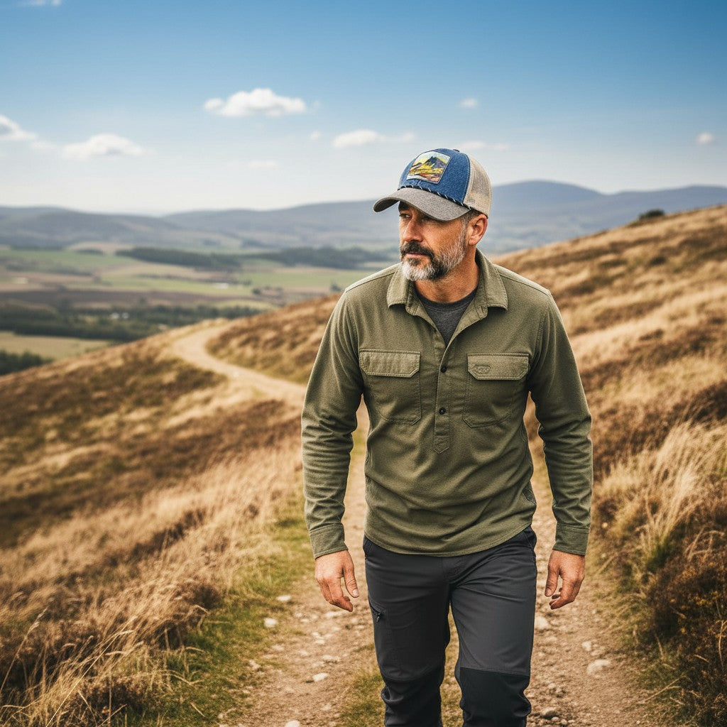 Man walking on a trail in a scenic landscape wearing a cap and green shirt.