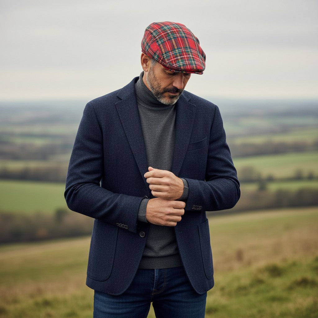 Model wearing Royal Stewart flat cap