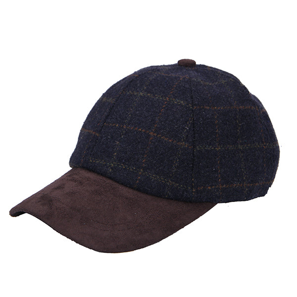 Navy and brown checkered cap on a white background