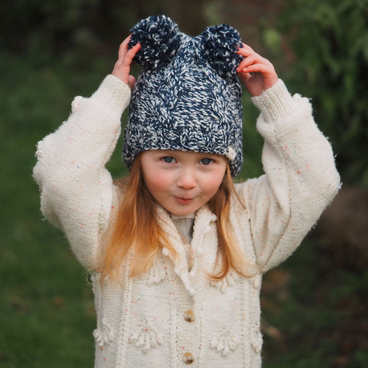 Aran Junior Cable Pom Pom Fleece Lined Hat