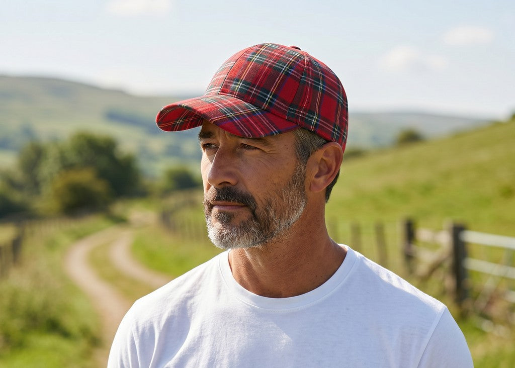 A man wearing a red and black plaid baseball cap and a plain white t-shirt, standing outdoors on a dirt path with green hills in the background.