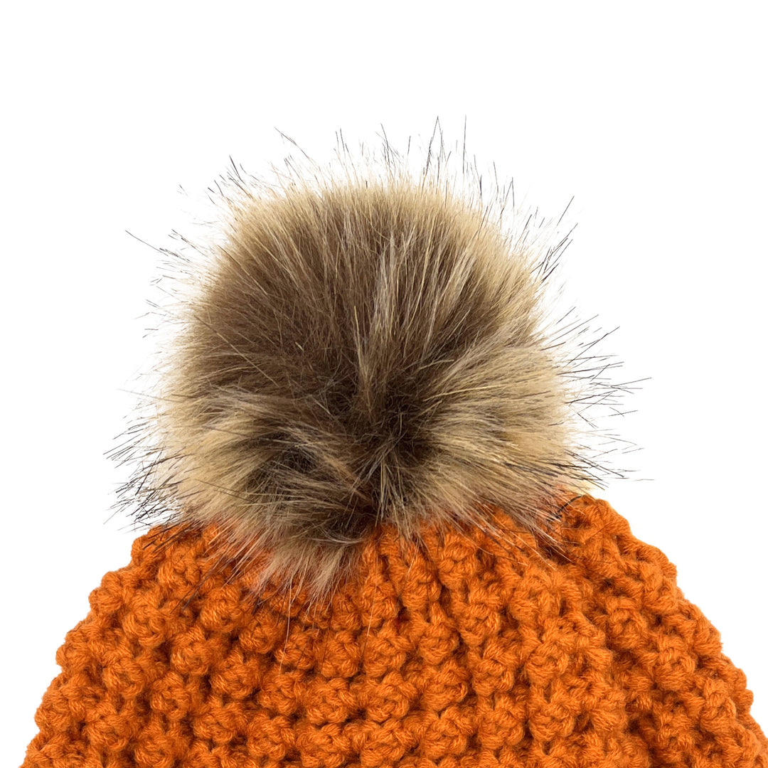Aran Knit Fur Bobble Beanie Hat - White Winter Hat, Unisex Adult