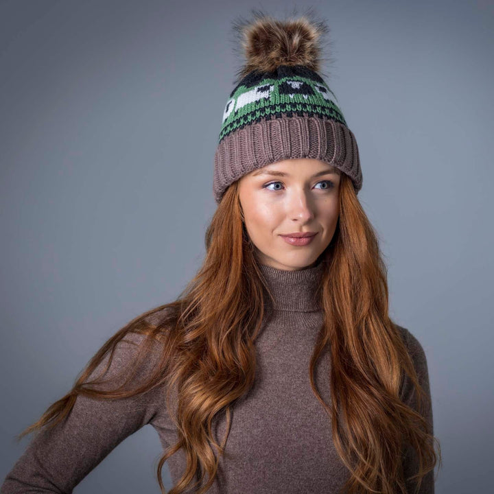 Aran Knitted Pom Pom Sheep Beanie