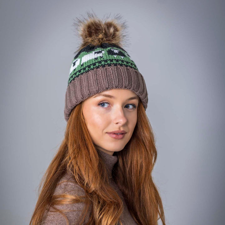 Aran Knitted Pom Pom Sheep Beanie