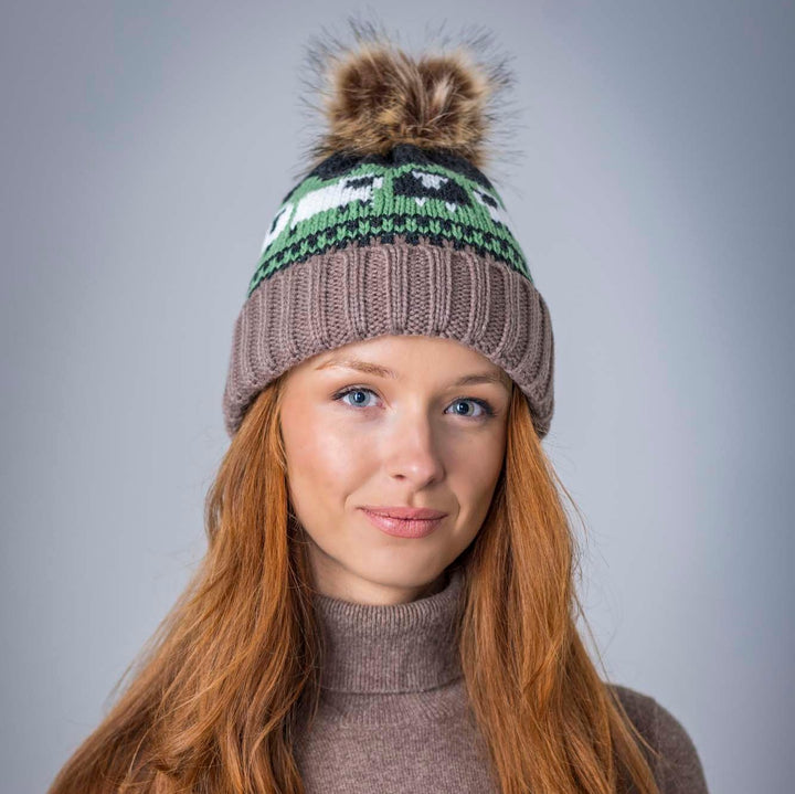 Aran Knitted Pom Pom Sheep Beanie
