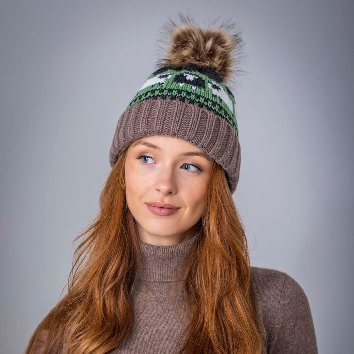 Aran Knitted Pom Pom Sheep Beanie