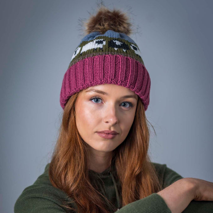 Aran Knitted Pom Pom Sheep Beanie