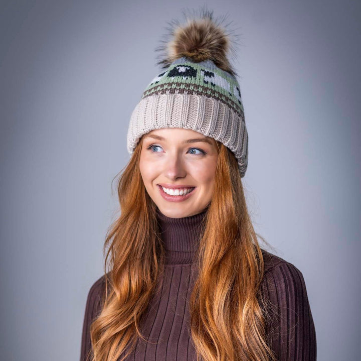 Aran Knitted Pom Pom Sheep Beanie