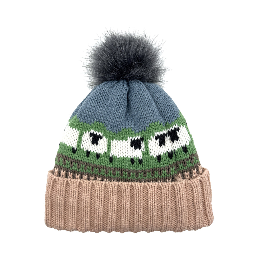Aran Knitted Pom Pom Sheep Beanie