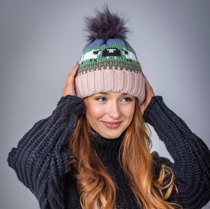 Aran Knitted Pom Pom Sheep Beanie