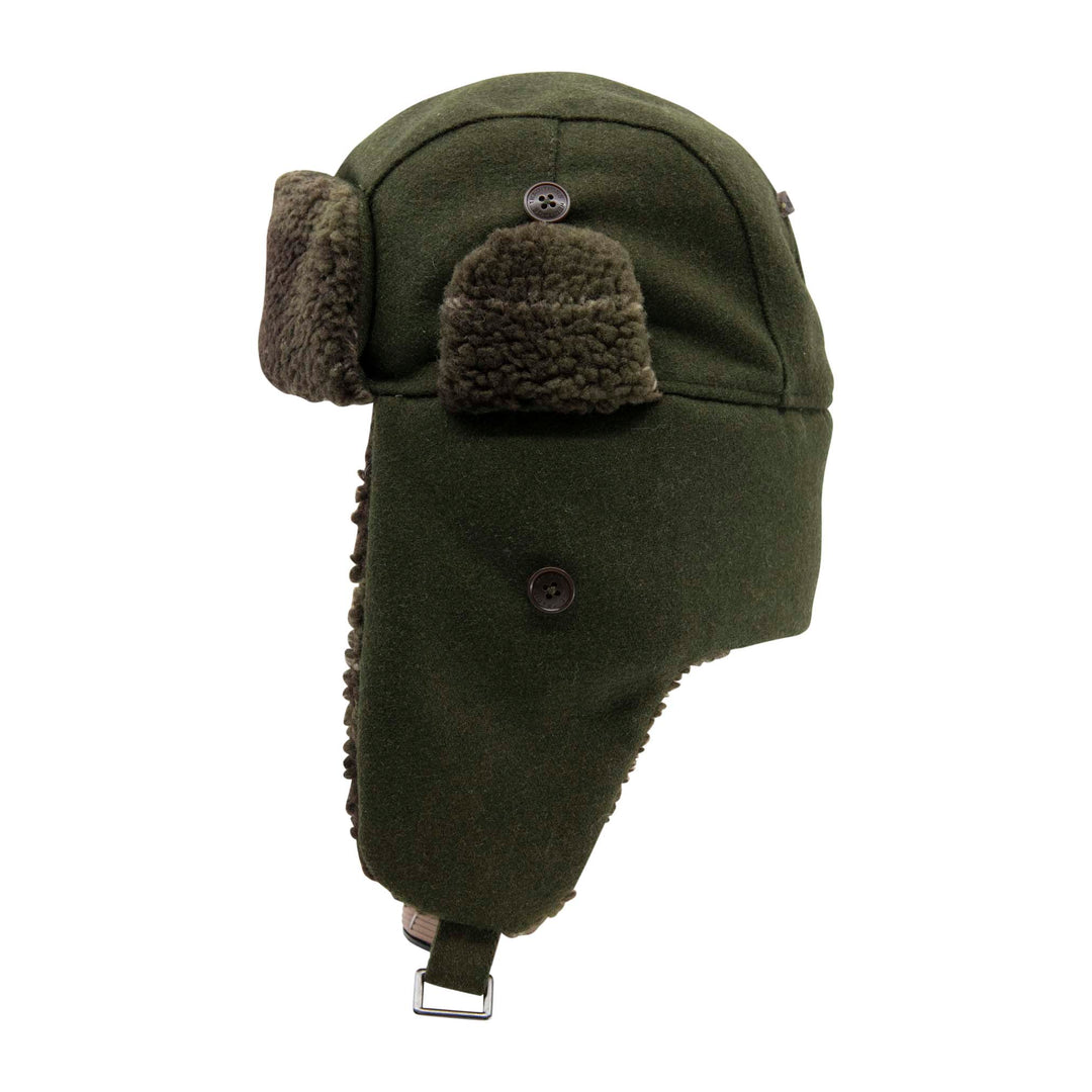 An olive green winter trapper hat with brown sherpa fleece ear flaps and chin coverage, featuring snap closures and a chin strap, shown against a plain white background.