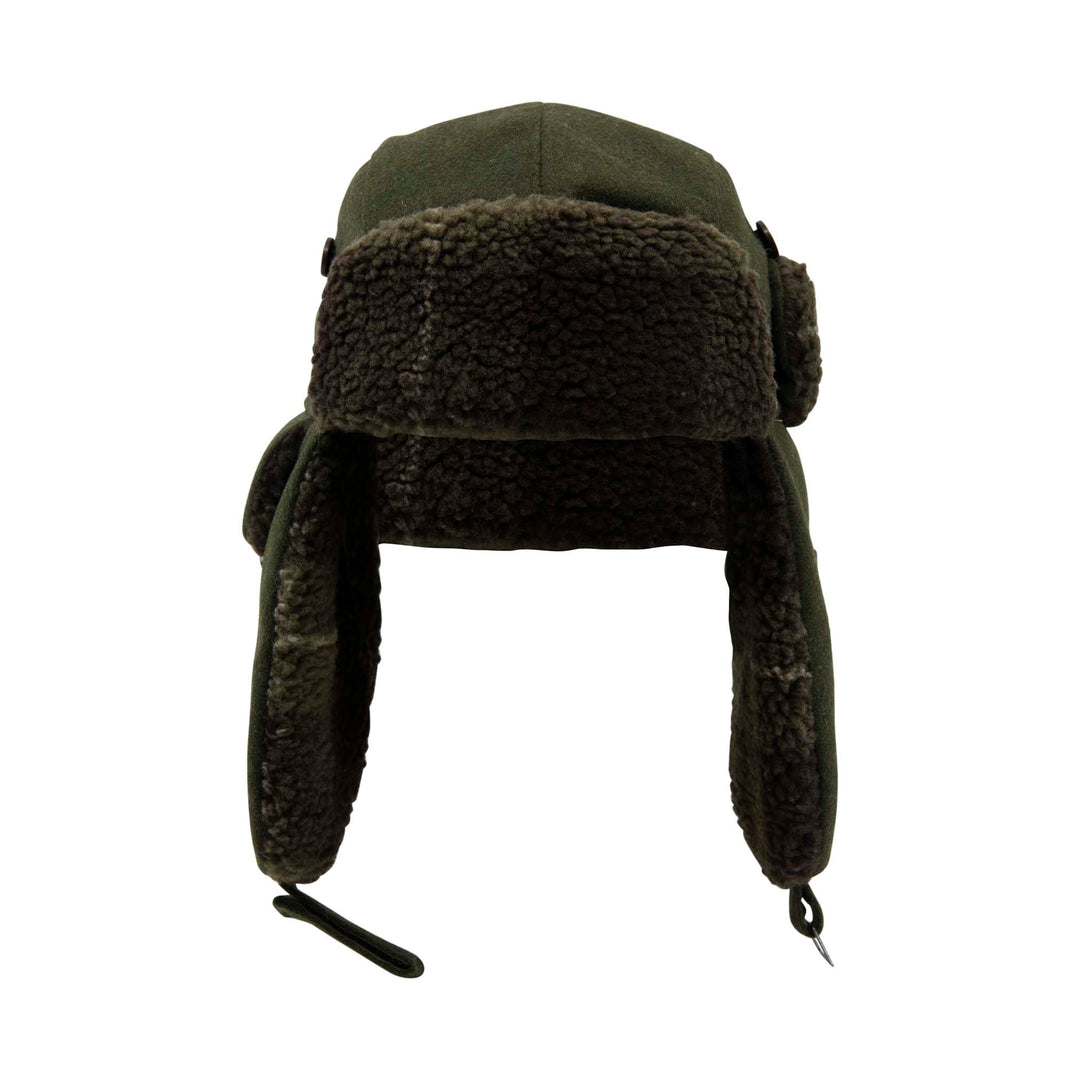 An olive green winter trapper hat with dark brown fleece ear flaps and a matching fleece chin guard, shown against a plain white background.