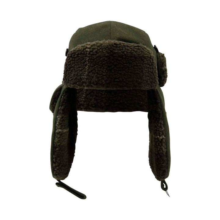 An olive green winter trapper hat with dark brown fleece ear flaps and a matching fleece chin guard, shown against a plain white background.