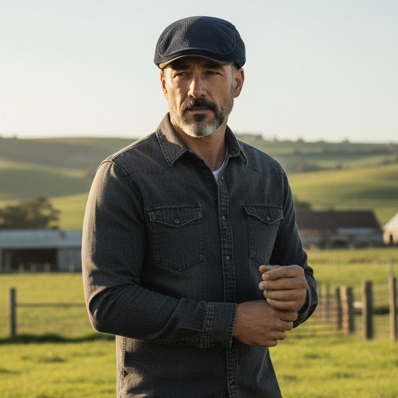 Man wearing a dark jacket and cap standing in a field with a farm in the background