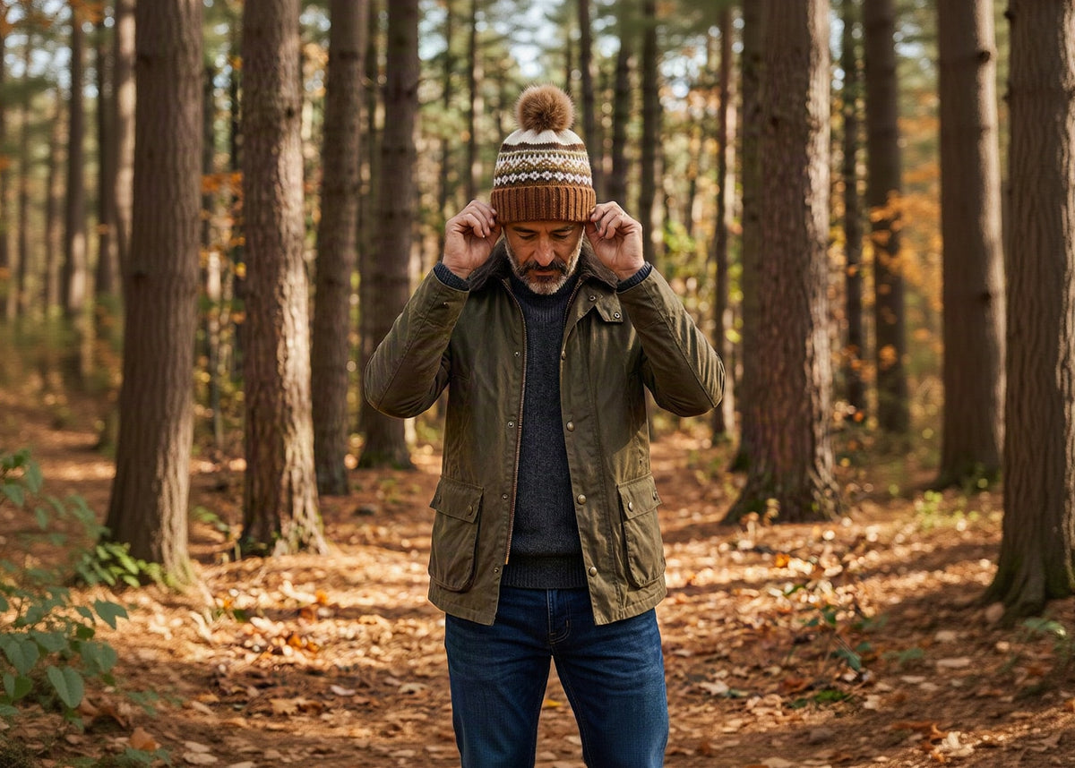 Man adjusting a knit hat in a forest setting