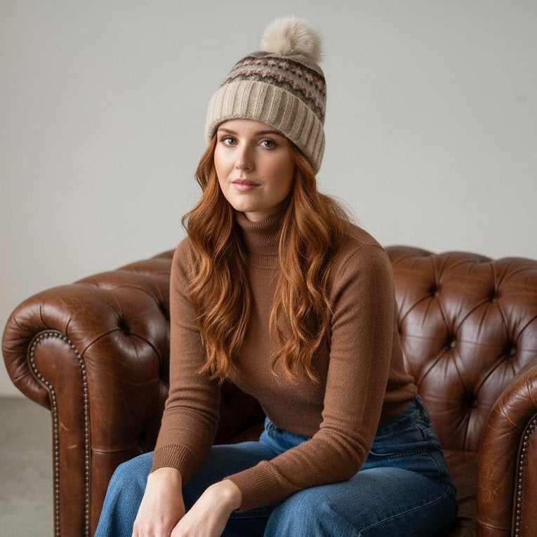 Woman sitting on a brown leather couch wearing a brown sweater and blue jeans.