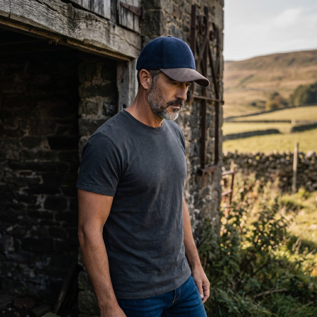 Man wearing a navy two tone baseball cap standing outside a barn