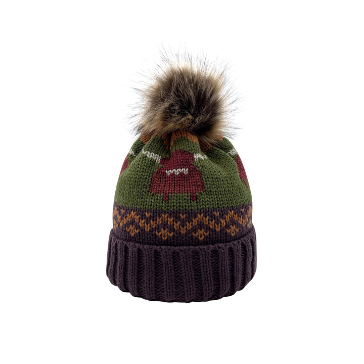 Aran Traditions Highland Cow Beanie Hat against a white background.