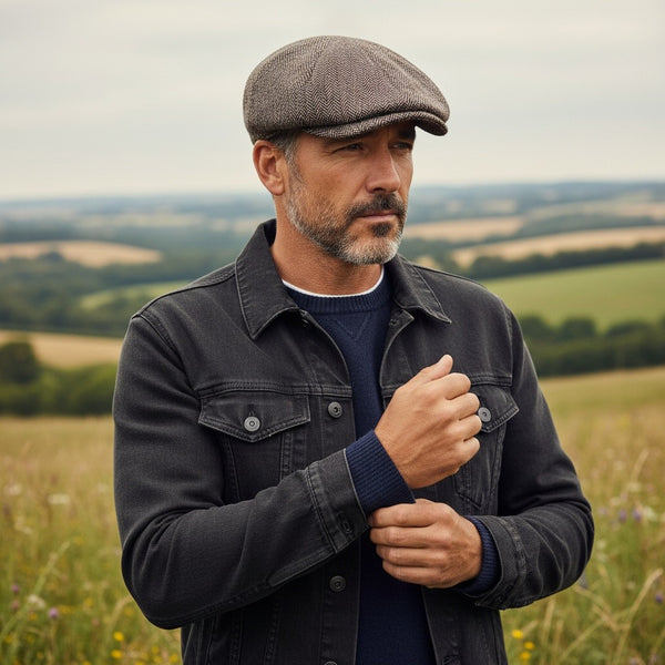 Man wearing a cap and dark jacket standing in a field with a scenic background
