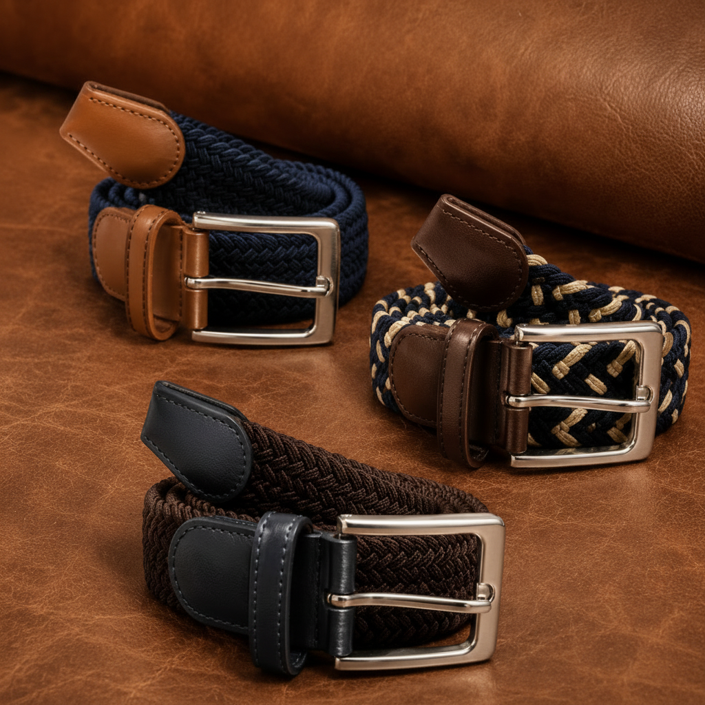 Three woven belts with metal buckles on a brown leather background