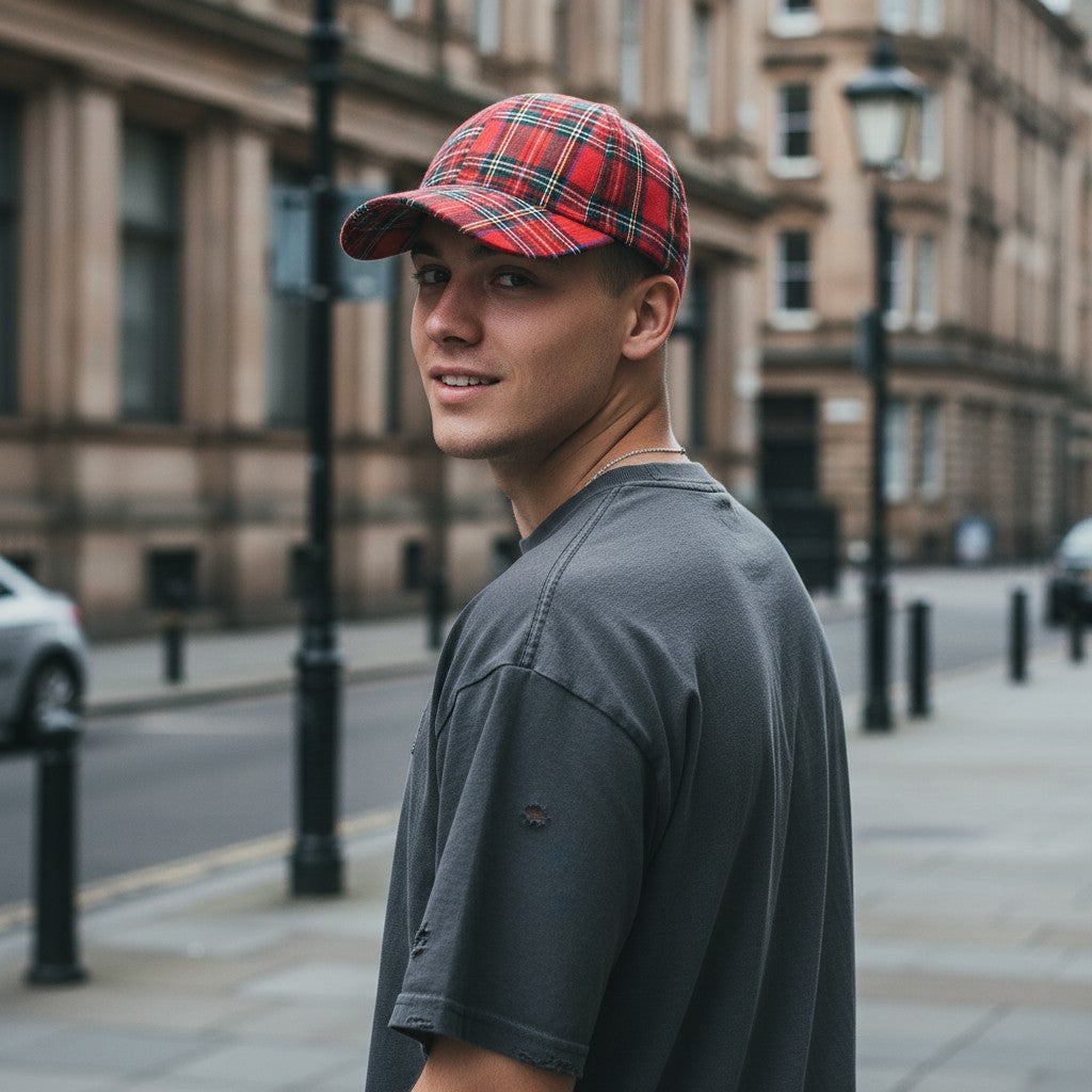 Man wearing a red plaid cap and gray shirt on a city street