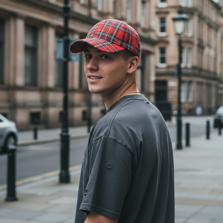 Man wearing a red plaid cap and gray shirt on a city street
