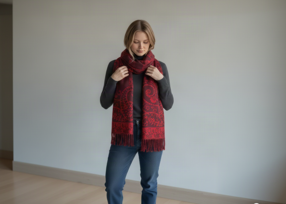 A woman wearing a dark gray long-sleeve top and blue jeans models a red and black paisley patterned scarf with fringe, set against a plain light gray background.