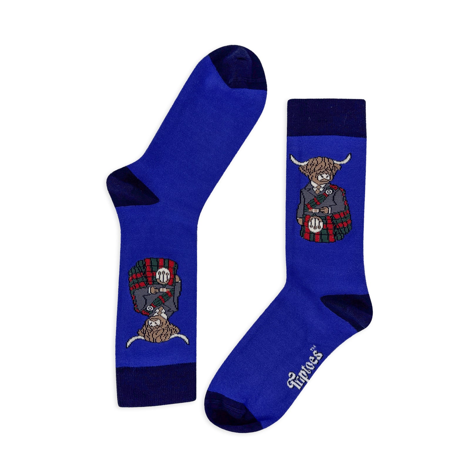 Blue socks with Scottish-themed designs on a white background