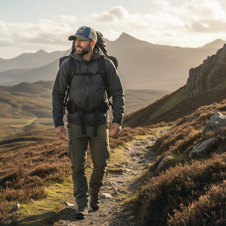 Man hiking on a mountain trail with backpack and cap