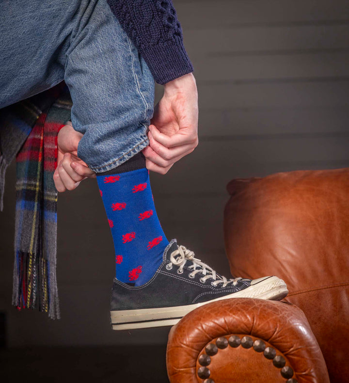 Person wearing blue socks with red patterns, sitting on a brown leather chair.
