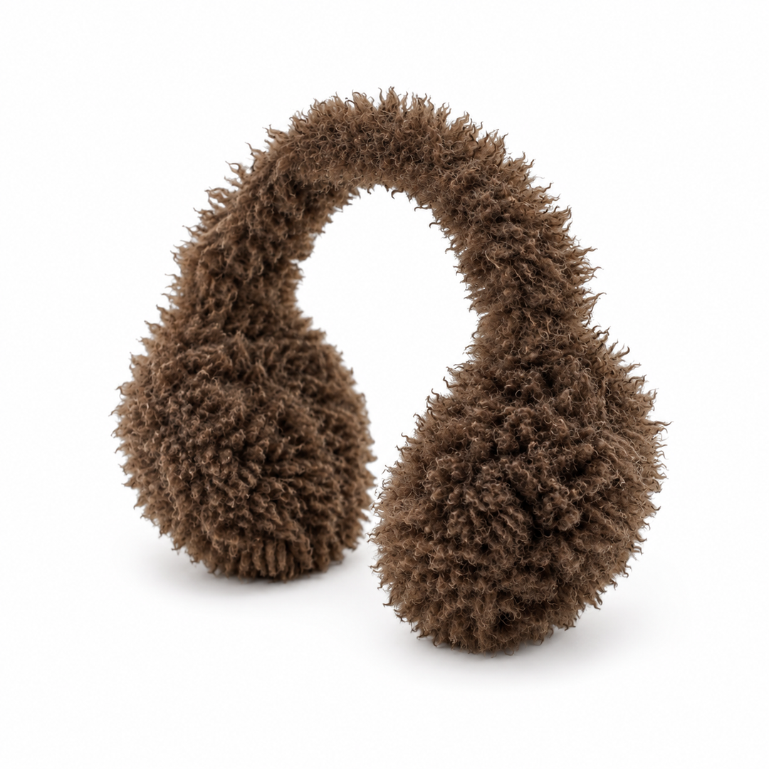 Brown fuzzy earmuffs with a shaggy, textured fabric, shown on a clean white background.
