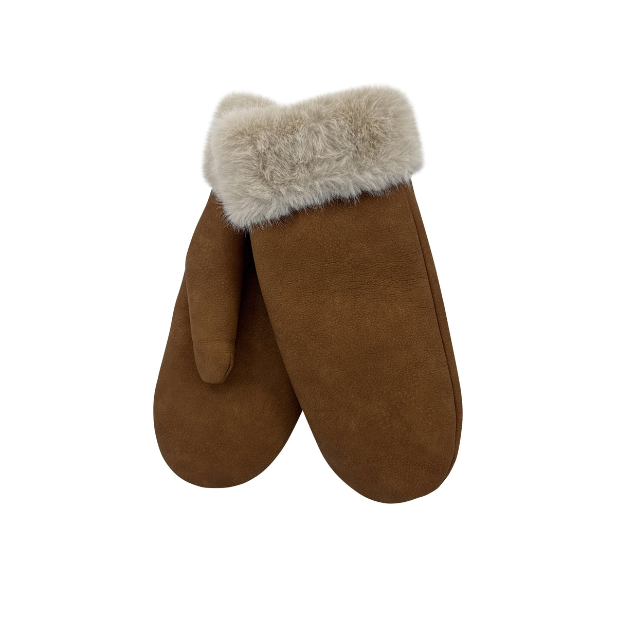 A pair of brown faux sheepskin mittens with a fluffy light beige faux-fur trim at the cuff, shown against a plain white background.