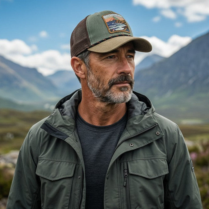 Man wearing a cap and jacket standing in a mountainous landscape
