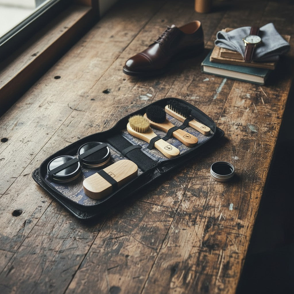 Set of shoe care tools on a wooden surface with shoes and books in the background.