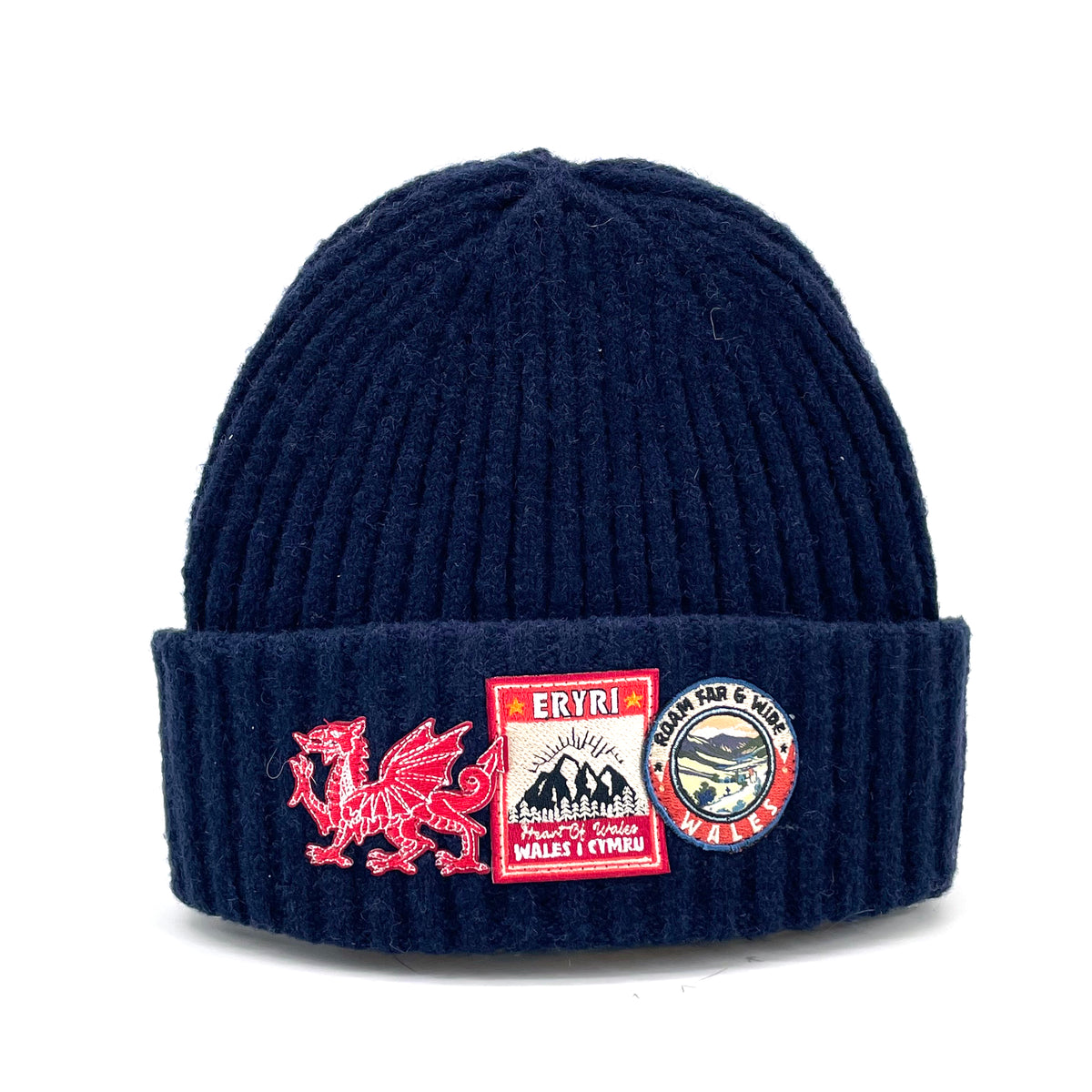 Navy blue beanie hat with 3 red embroidered patches dedicated to Wales.