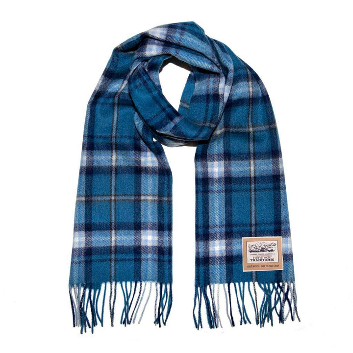 Blue and white check Tartan Scarf with tassels, folded in the middle