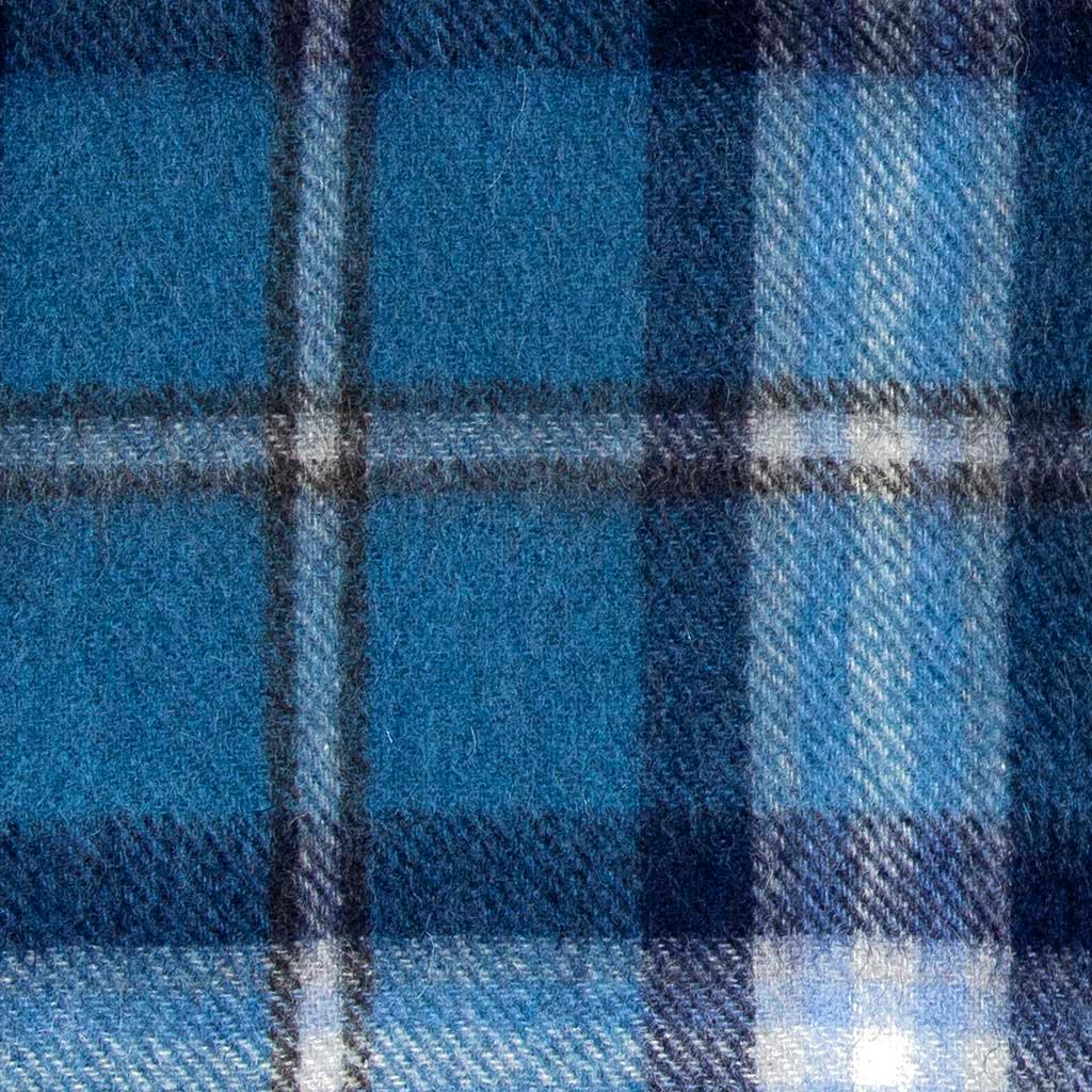 Pale Blue and white check tartan scarf close up to see the weave.